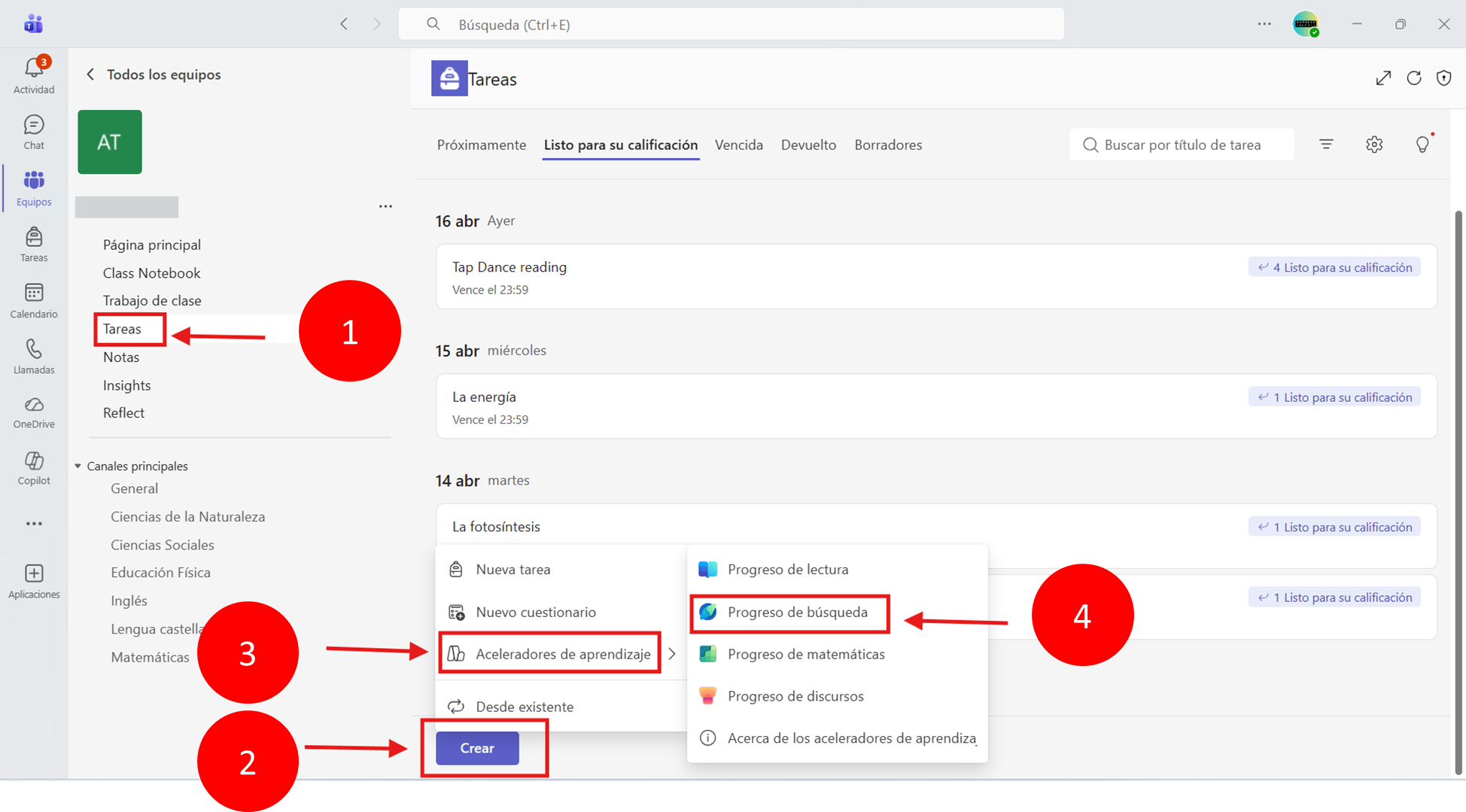 Captura de pantalla que explica cómo acceder a una tarea de progreso de búsqueda