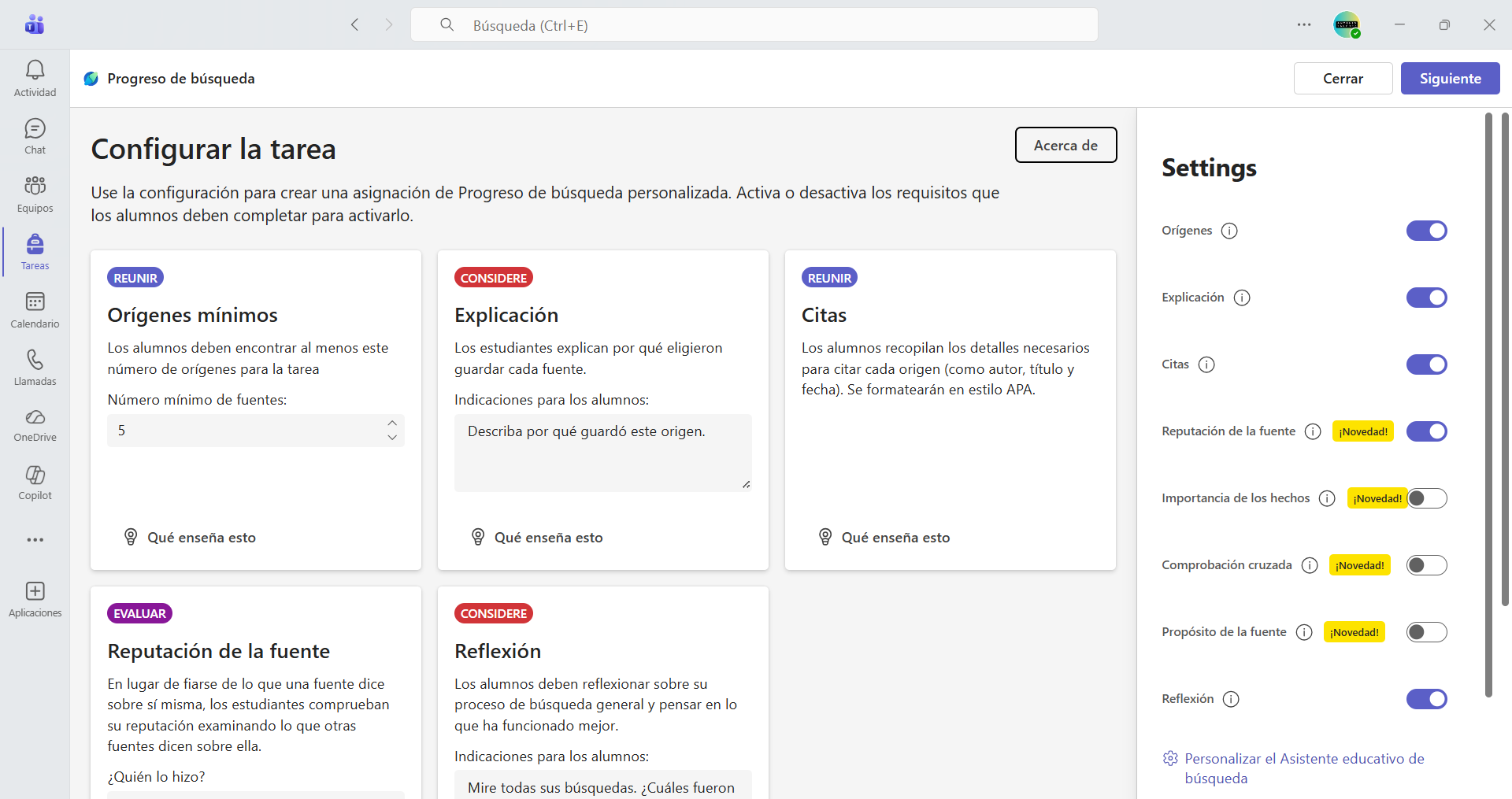 Captura de pantalla que muestra la configuración de una tarea de progreso de búsqueda.