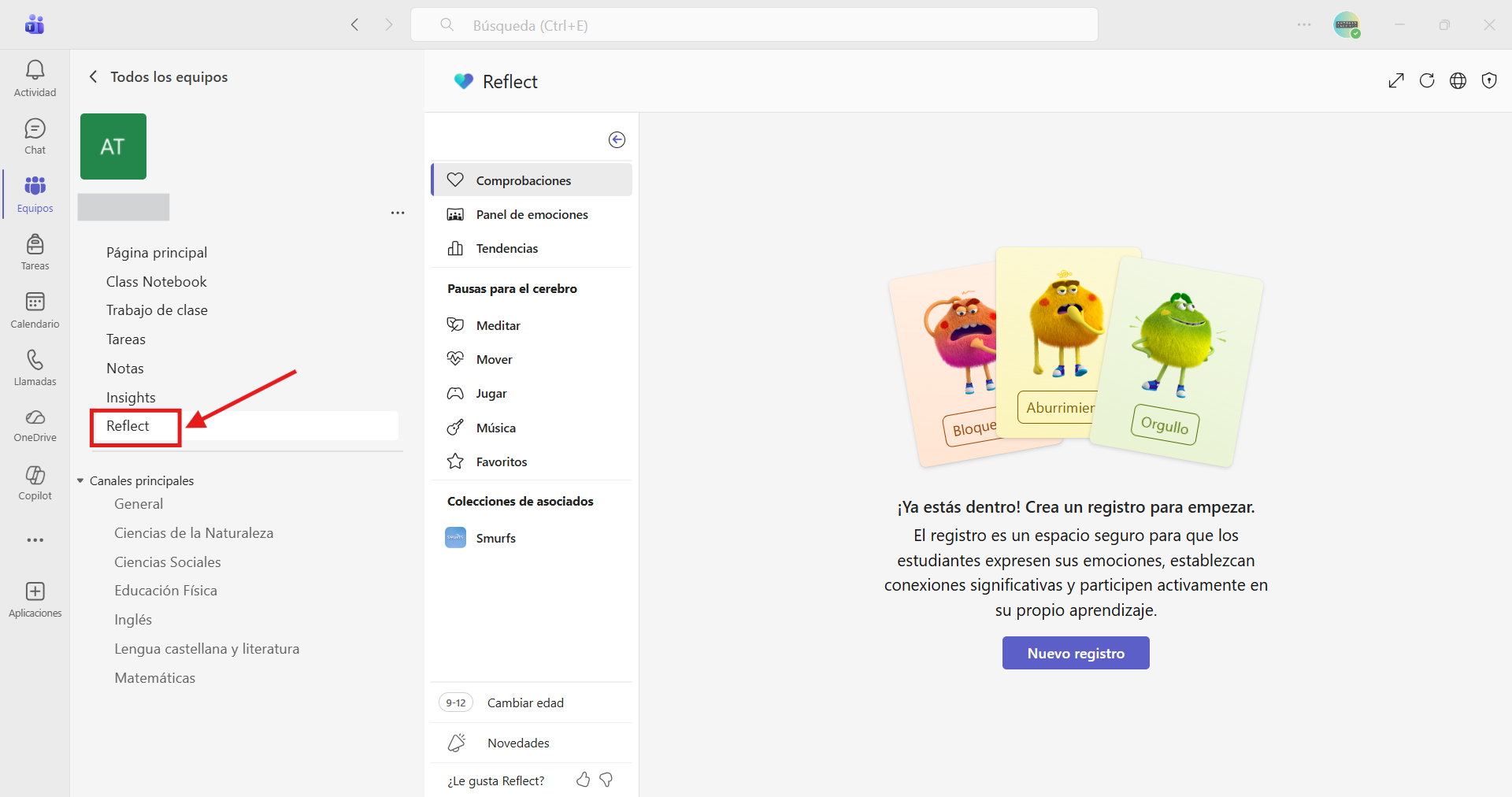 Captura de pantalla que muestra como acceder a Reflect dentro de Teams