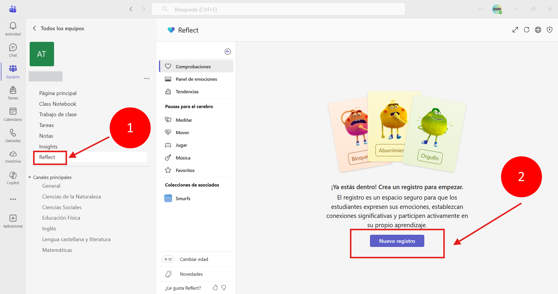 Captura de pantalla que muestra cómo introducir un nuevo registro en de Reflect en Teams