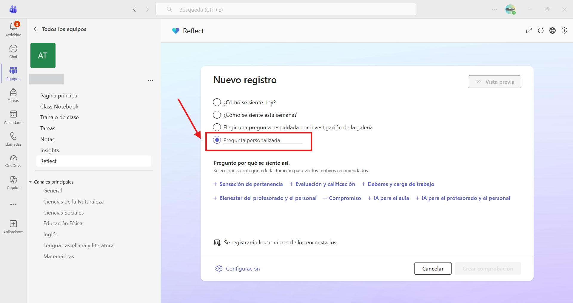Captura de pantalla que muestra la configuración de Reflect.