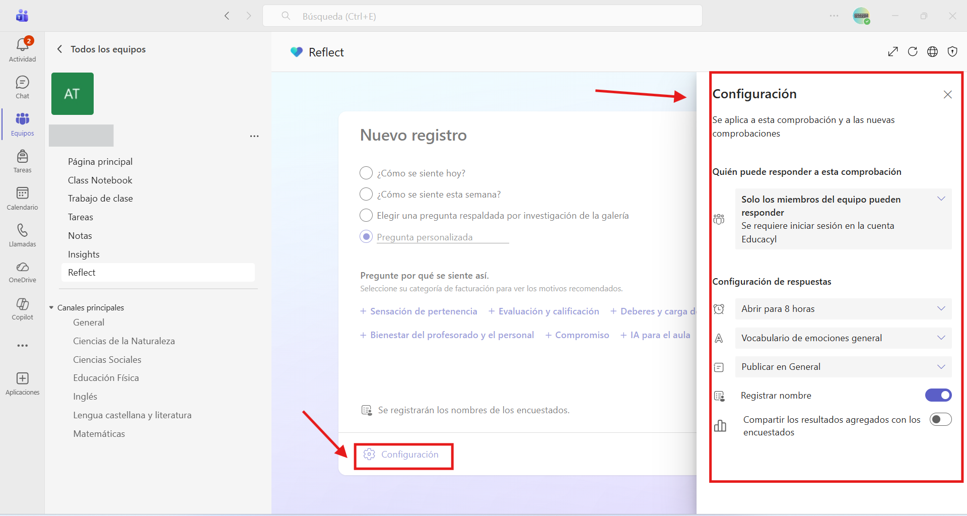 Captura de pantalla sobre la configuración de los parámetros de Reflect