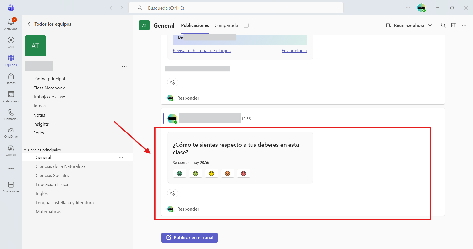 Captura que muestra la publicación en el canal General