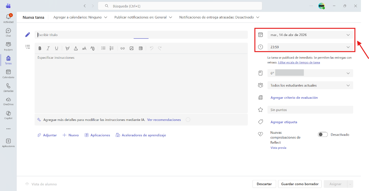 Captura de pantalla para explicar cómo introducir la fecha de vencimiento de una tarea.