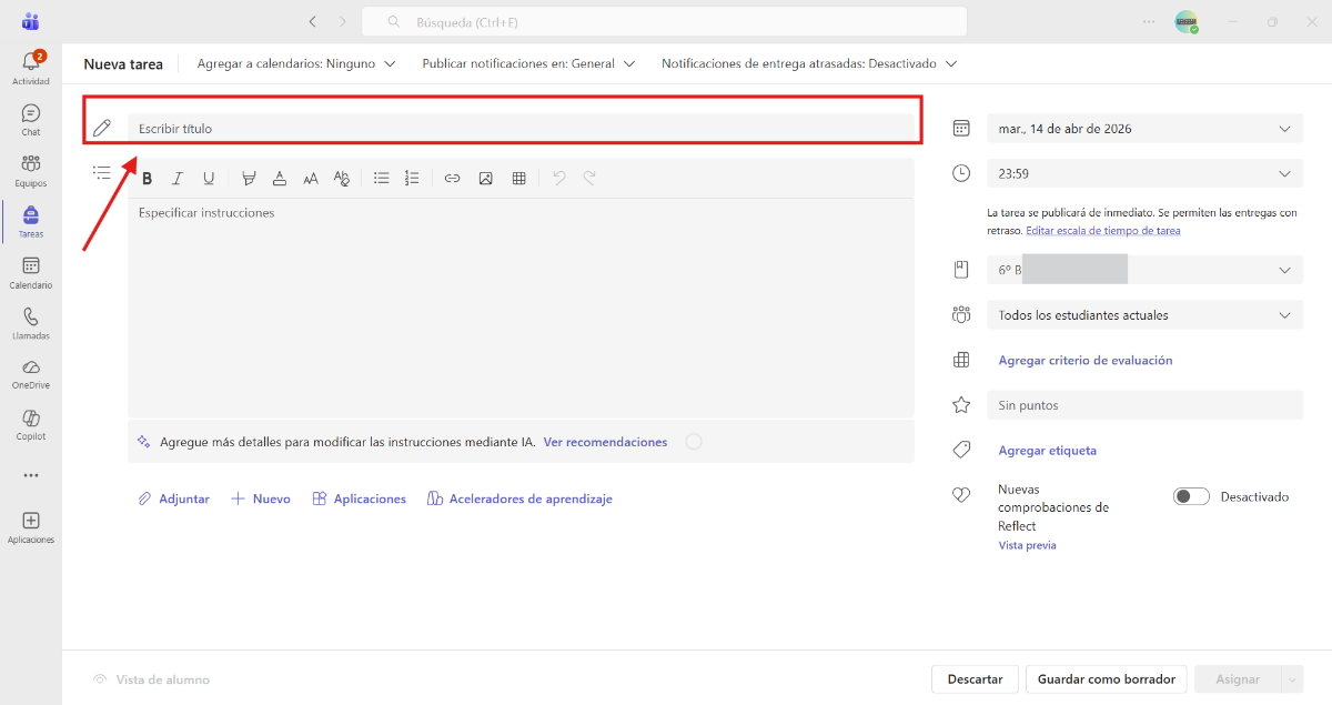Captura de pantalla para explicar cómo introducir el título de la tarea.