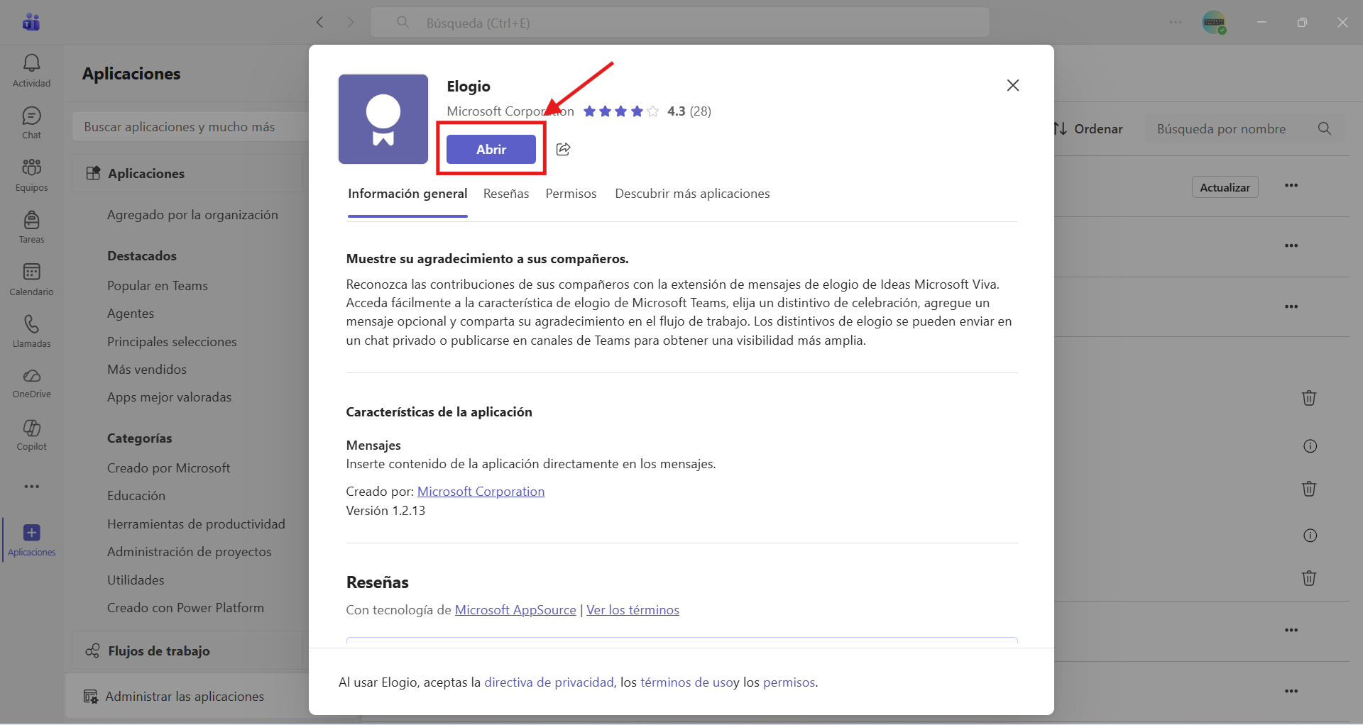 Captura de pantalla que indica como agregar la aplicación Elogios en Teams
