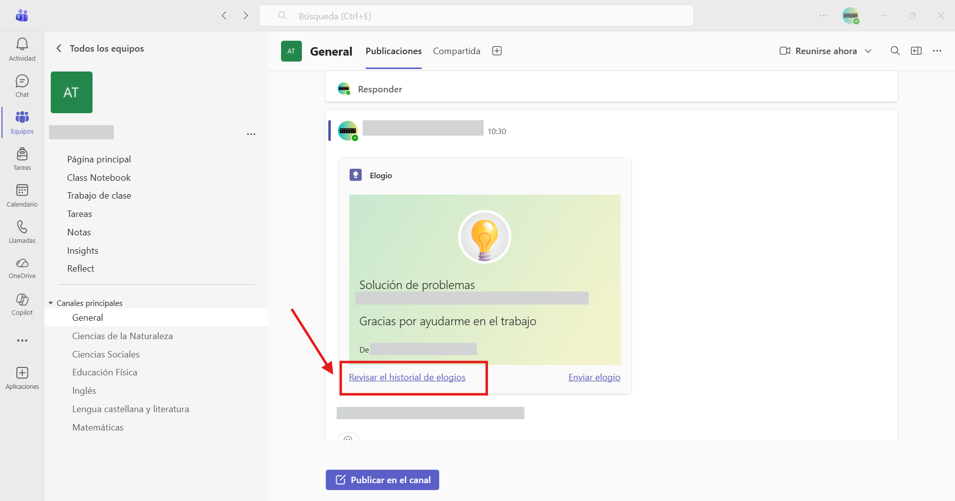 Captura de pantalla que muestra todos los elogios realizados
