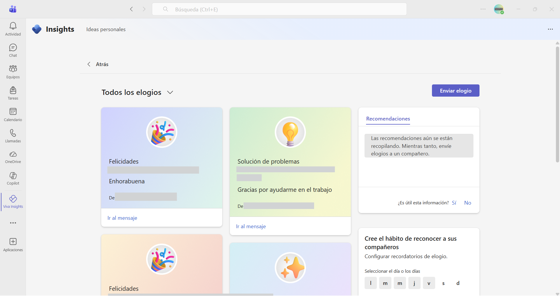 Captura de pantalla para consultar el histórico de los elogios.
