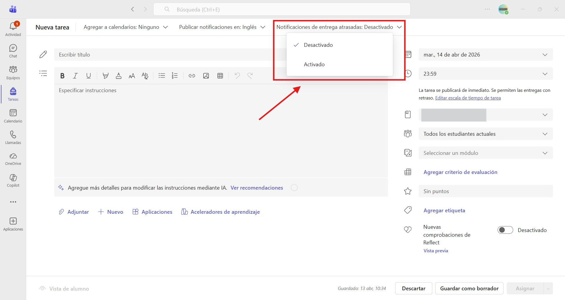 Captura de pantalla para activar o desactivar las notificaciones de entrega atrasadas.