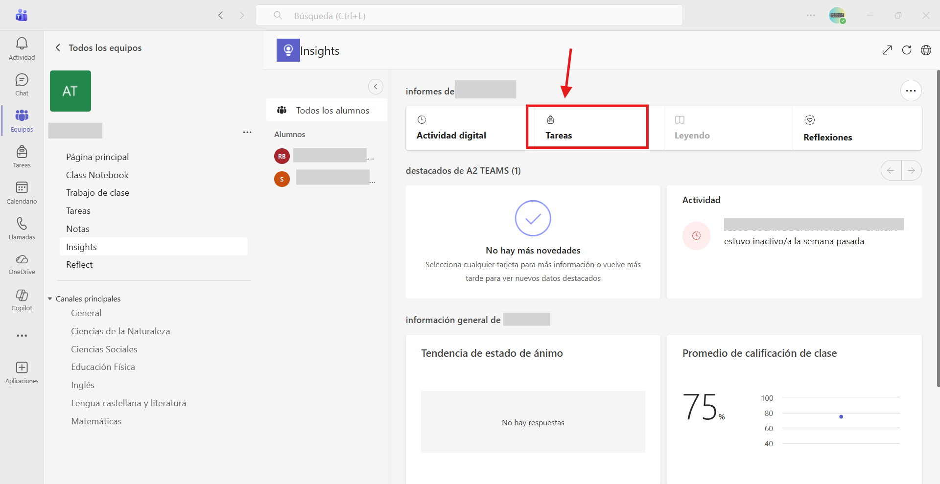 Captura de pantalla que indica el modo de acceder dentro del panel de Insights a todas las tareas.