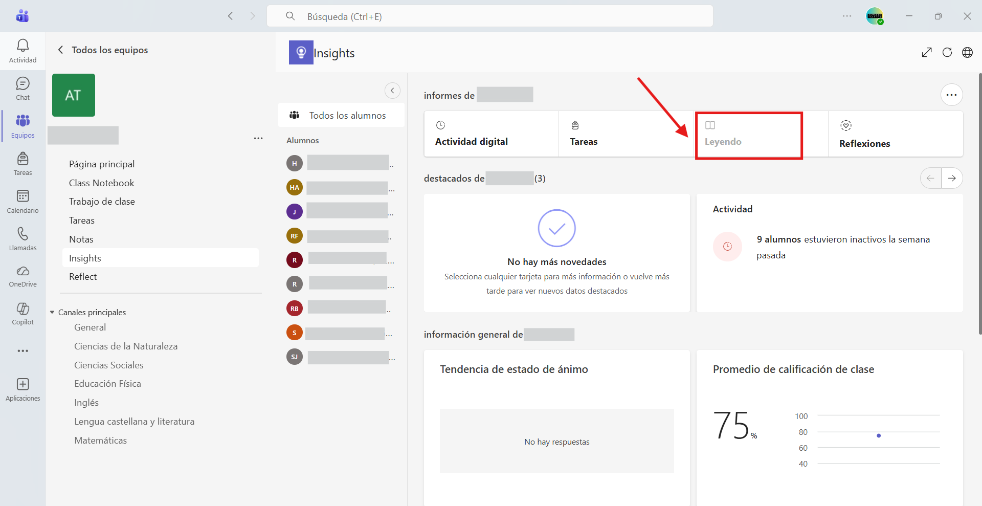 Captura de pantalla que muestra la manera de acceder a Insights Leyendo