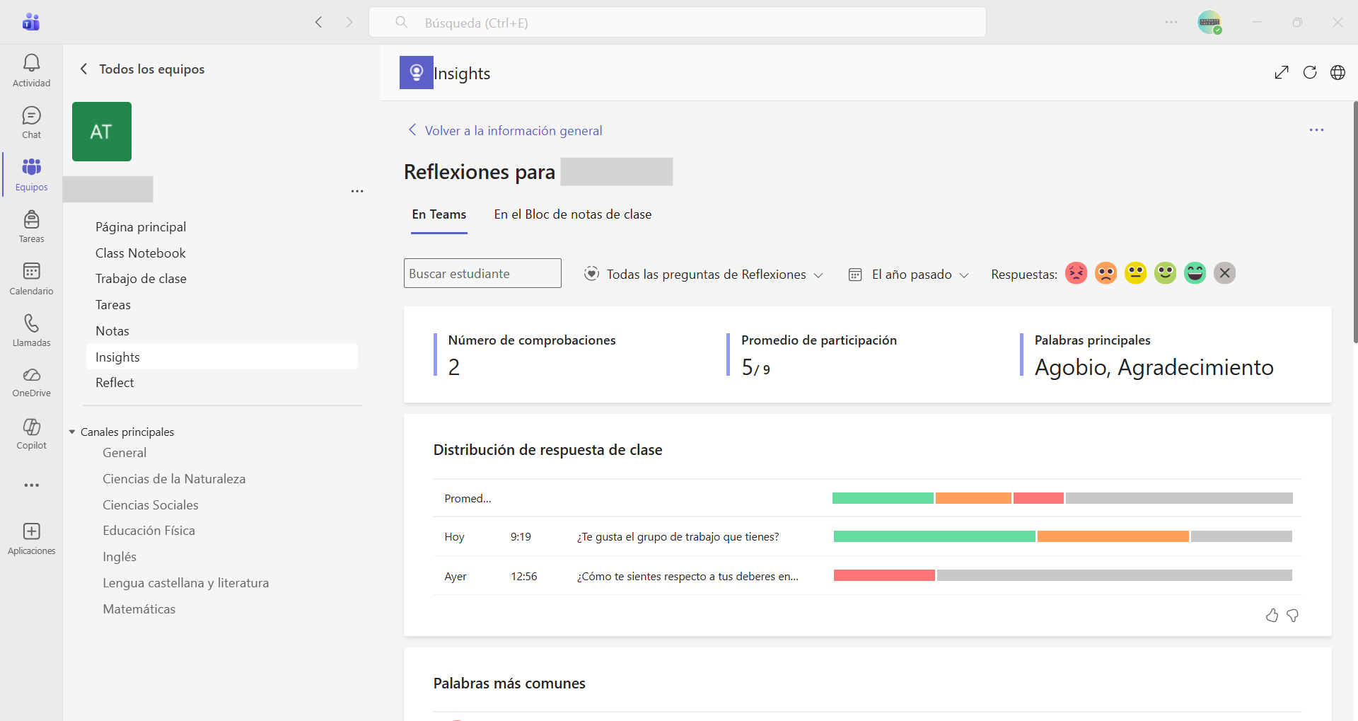 Captura de pantalla que muestra la información de las reflexiones de Insights