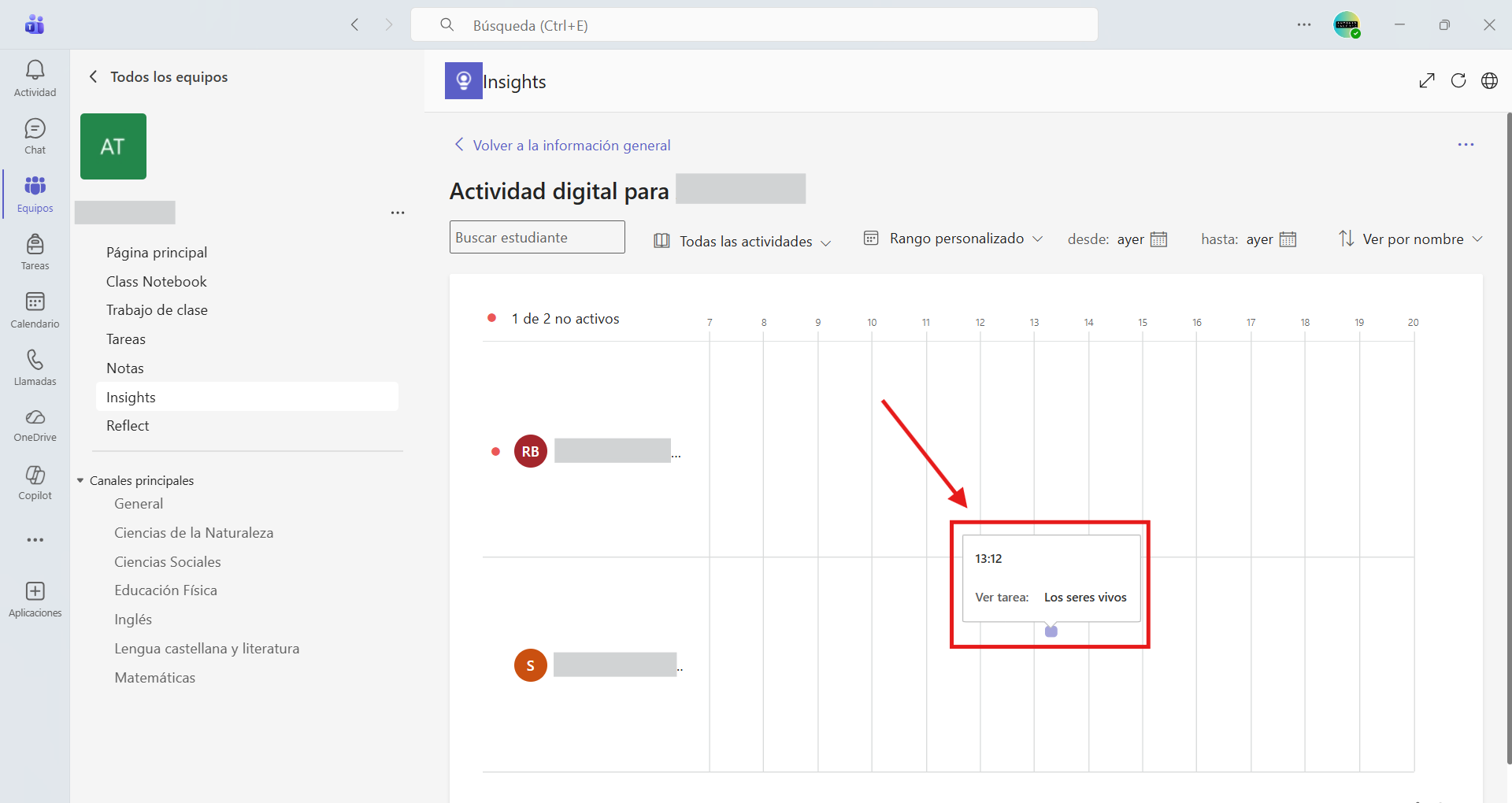 Captura de pantalla que muestra el detalle de la actividad de un alumno/a