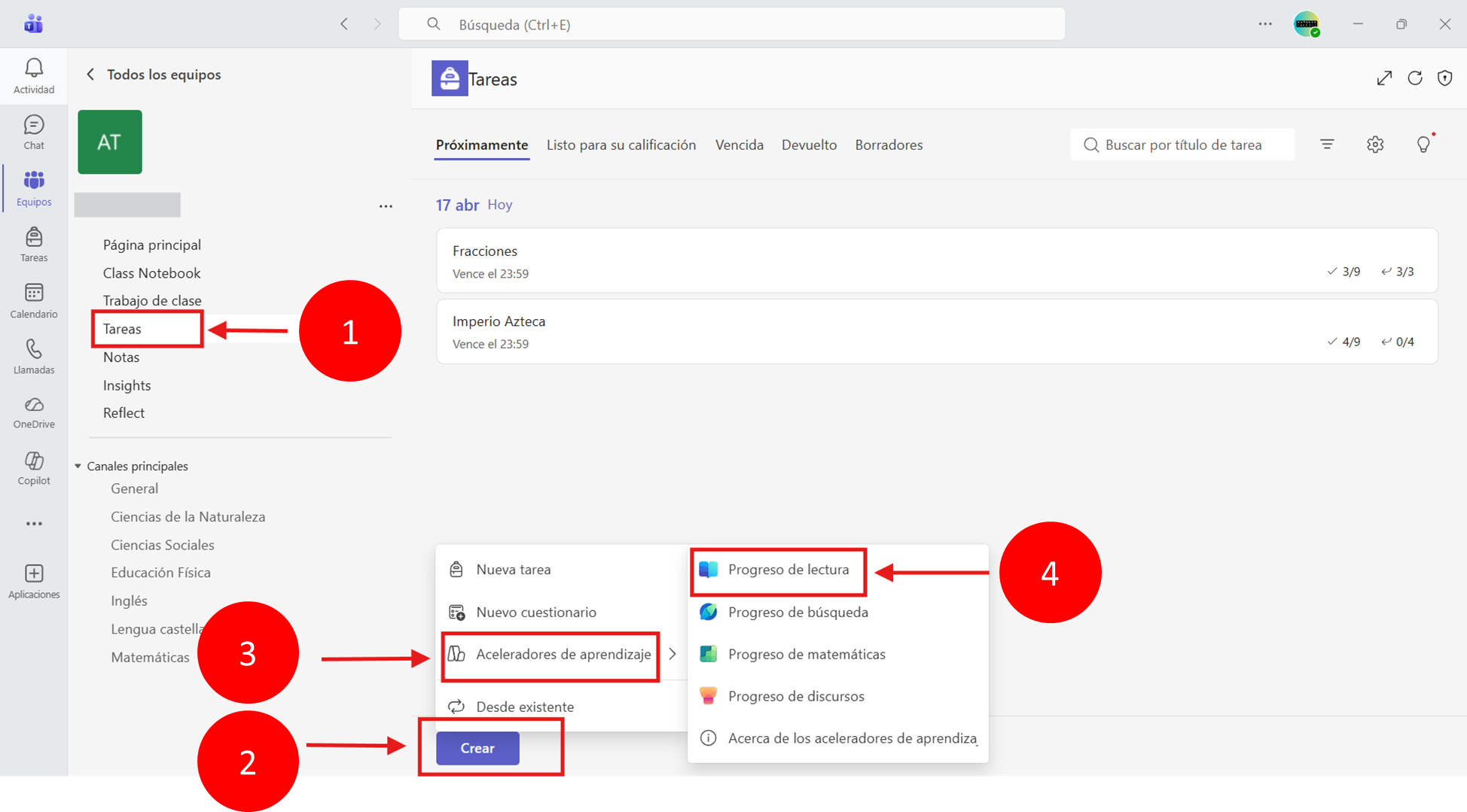 Captura de pantalla que explica el procedimiento de crear una tarea de progreso de lectura.