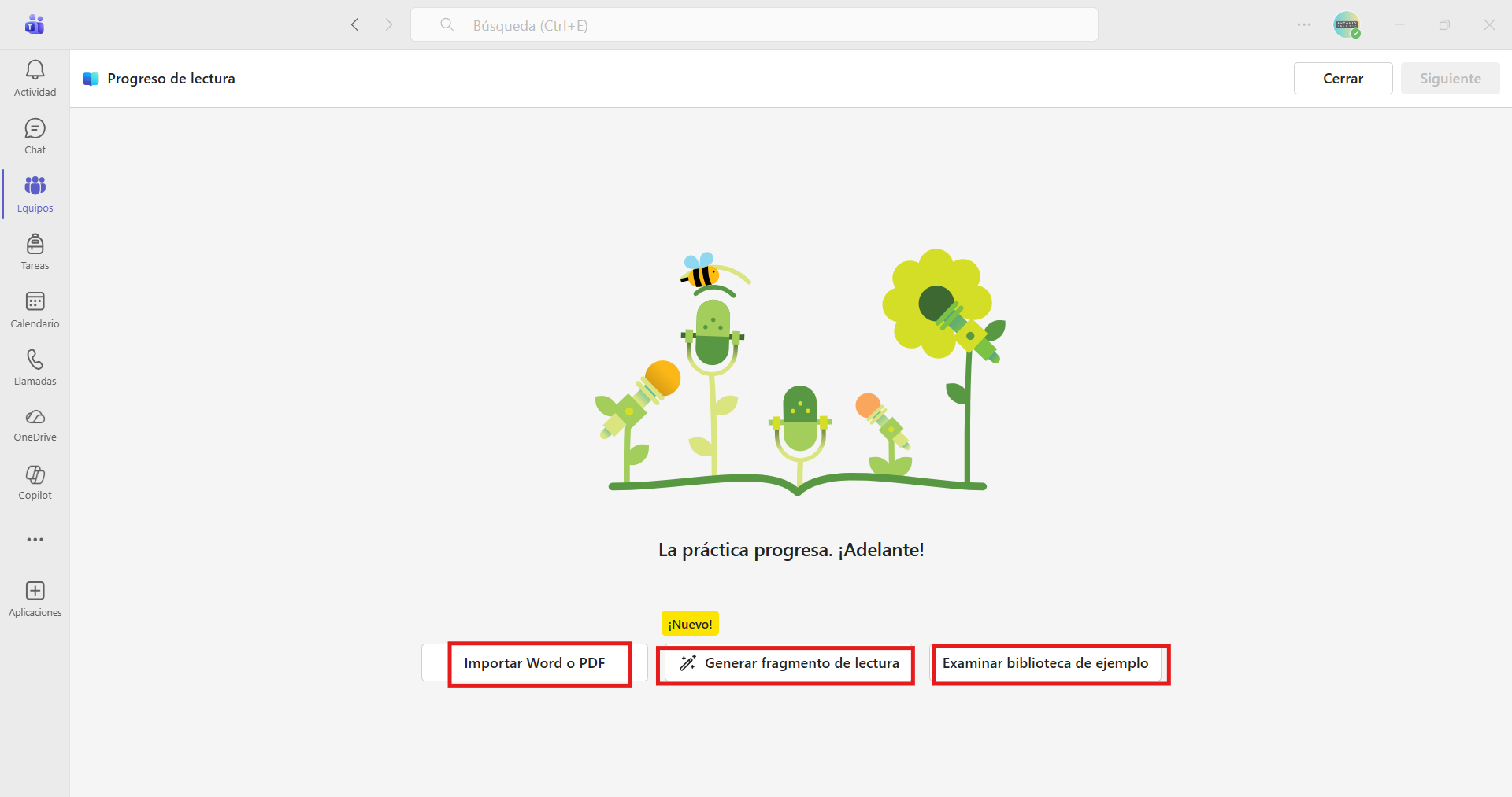 Captura de pantalla que muestra tres opciones para cargar un texto a la tarea de progreso de lectura