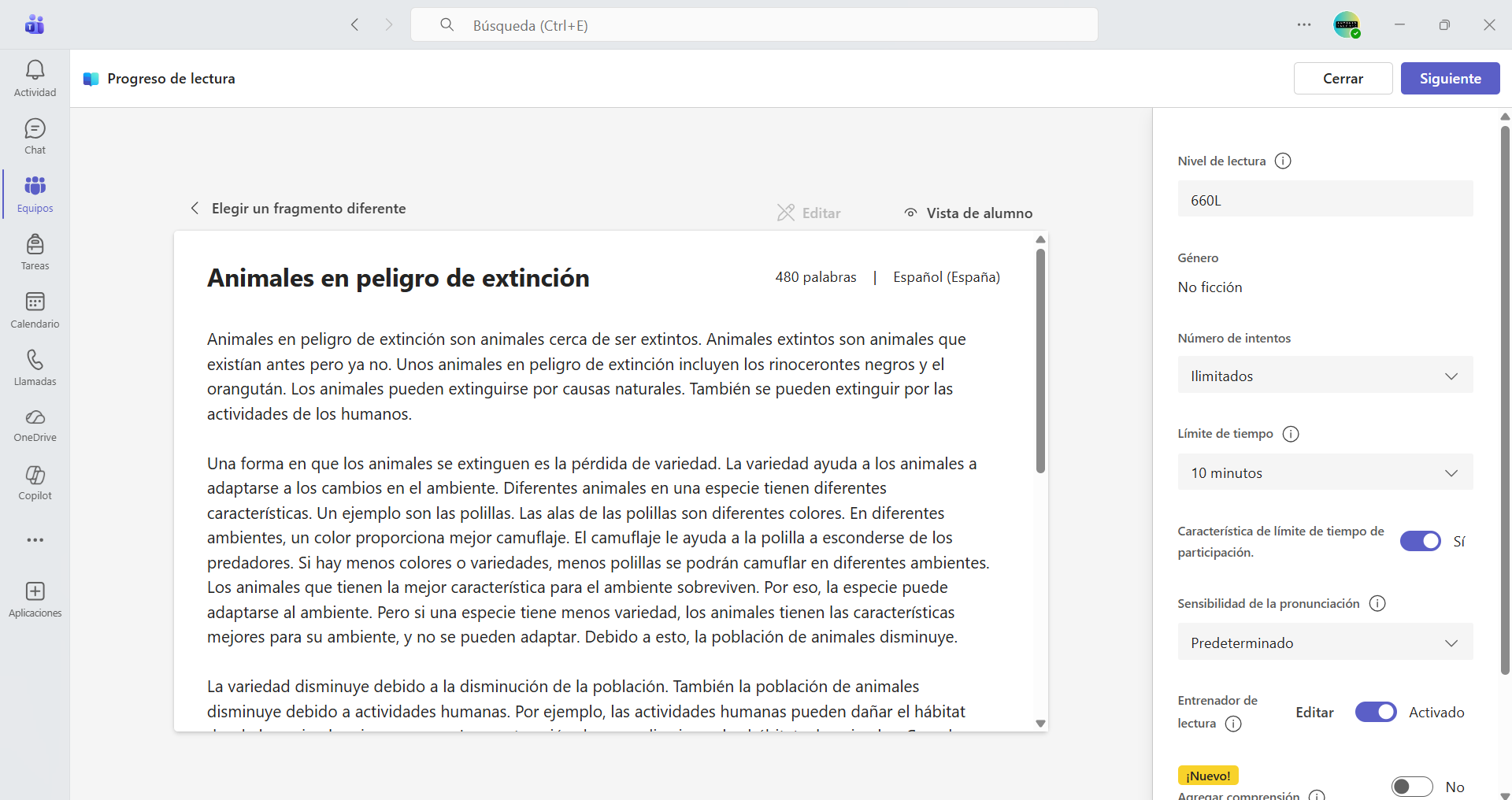 Captura de pantalla que muestra un texto y las diferentes opciones de configuración