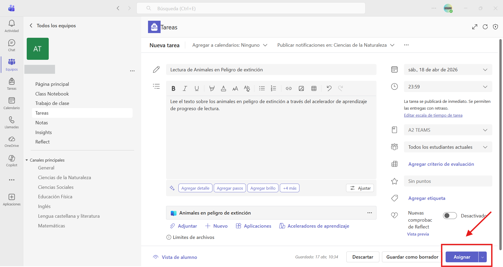 Captura de pantalla que muestra la asignación de una tarea de progreso de lectura.