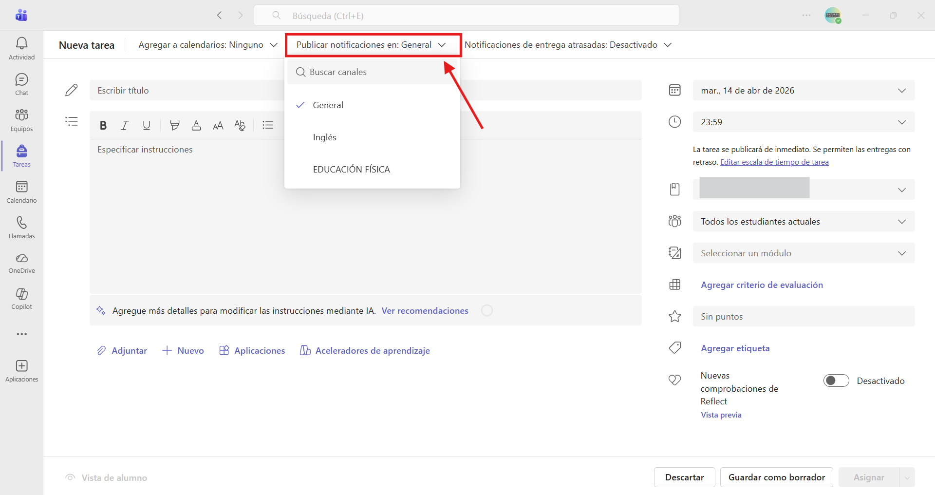 Captura de pantalla para explicar cómo agregar una tarea a un canal determinado.