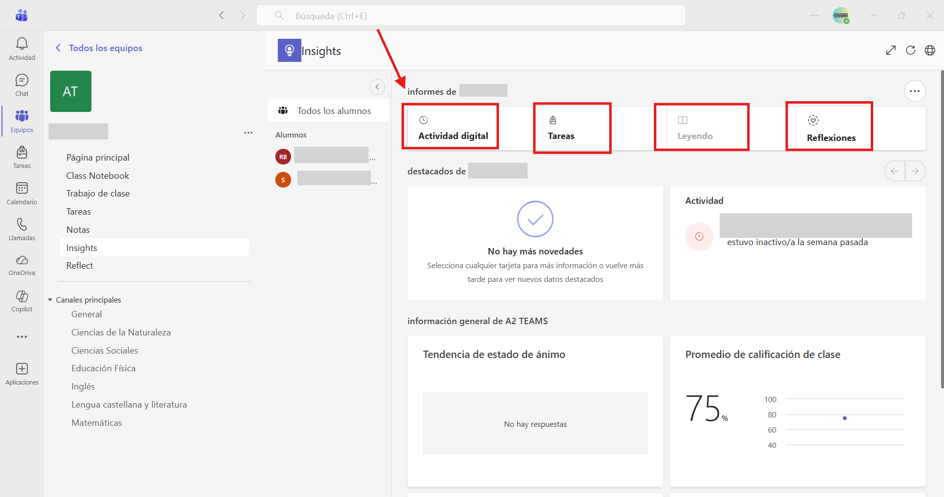 Captura de pantalla acceso a paneles de Insights