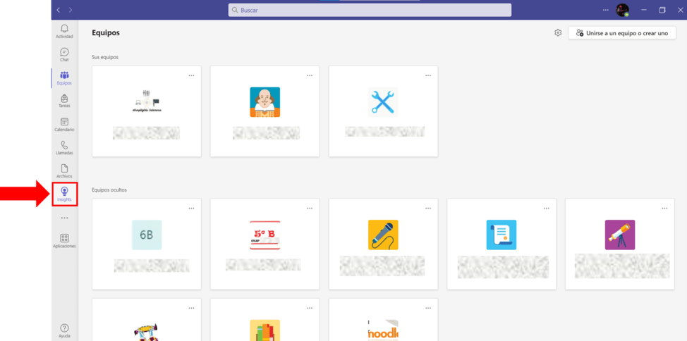 Captura de pantalla explicativa del acceso a Insights en Teams