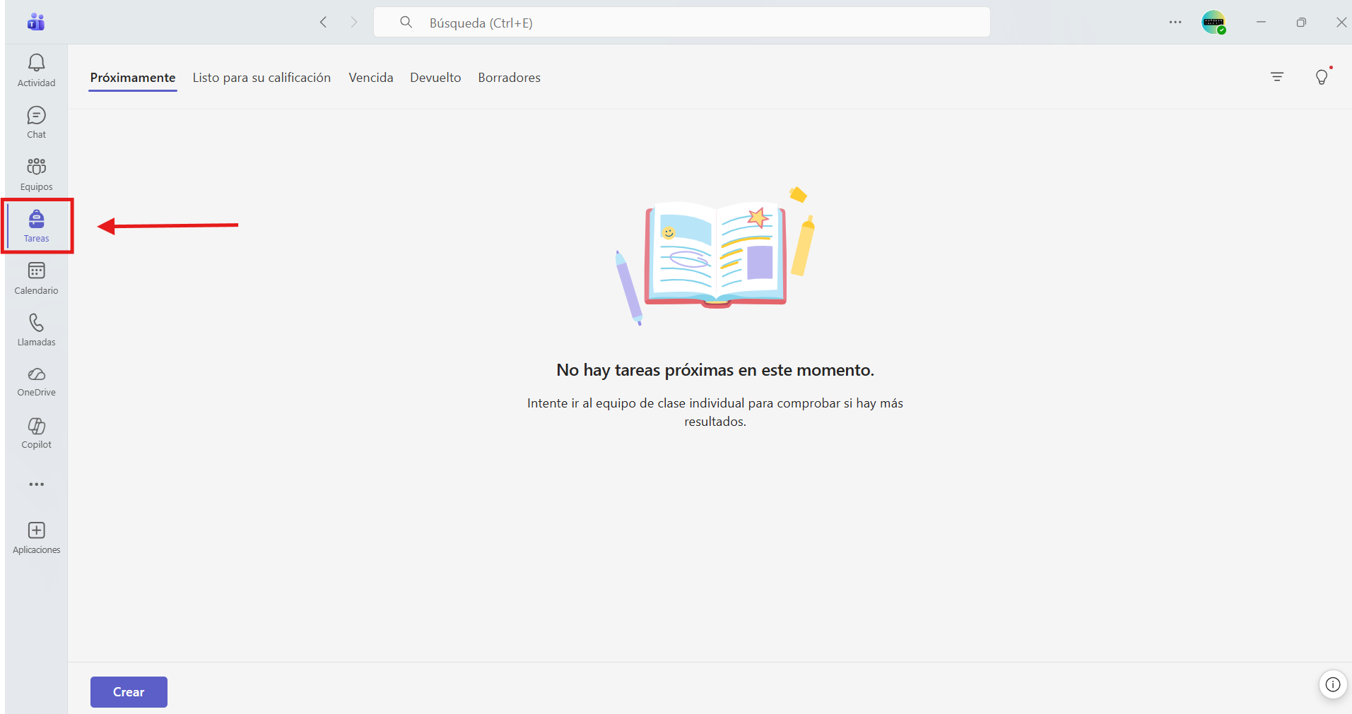 Captura de pantalla para indicar el botón que da acceso al apartado de tareas.