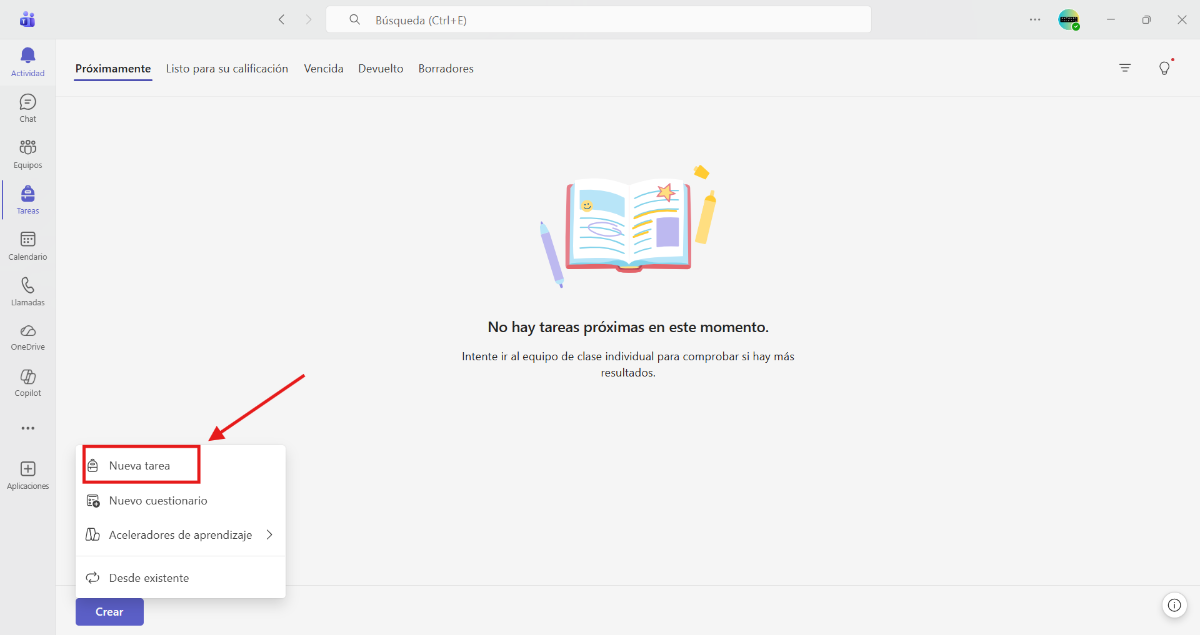 Captura de pantalla para indicar dónde está el botón para crear una nueva tarea.