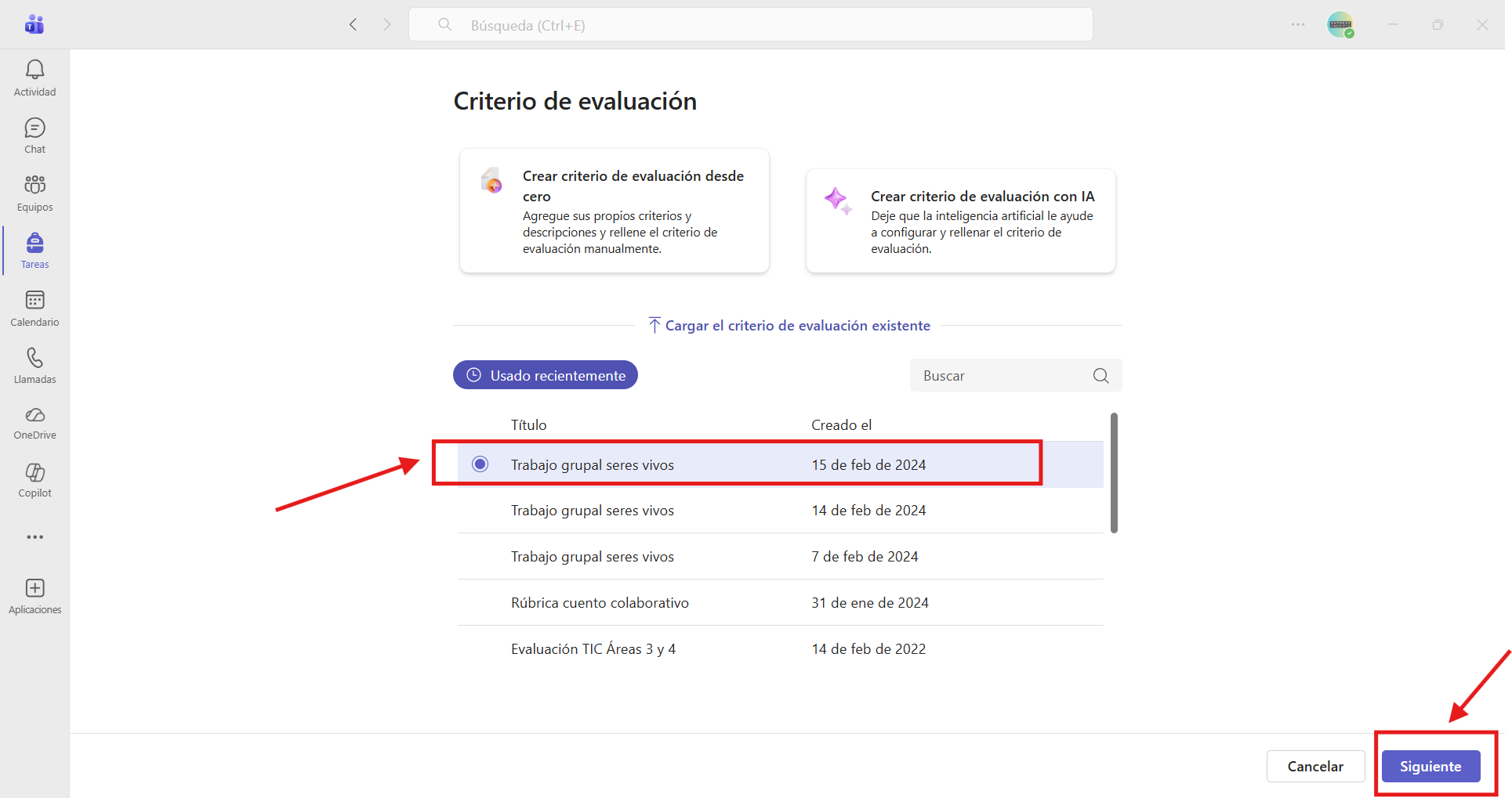 Captura de pantalla  que indica cómo elegir un criterio de evaluación ya existente.