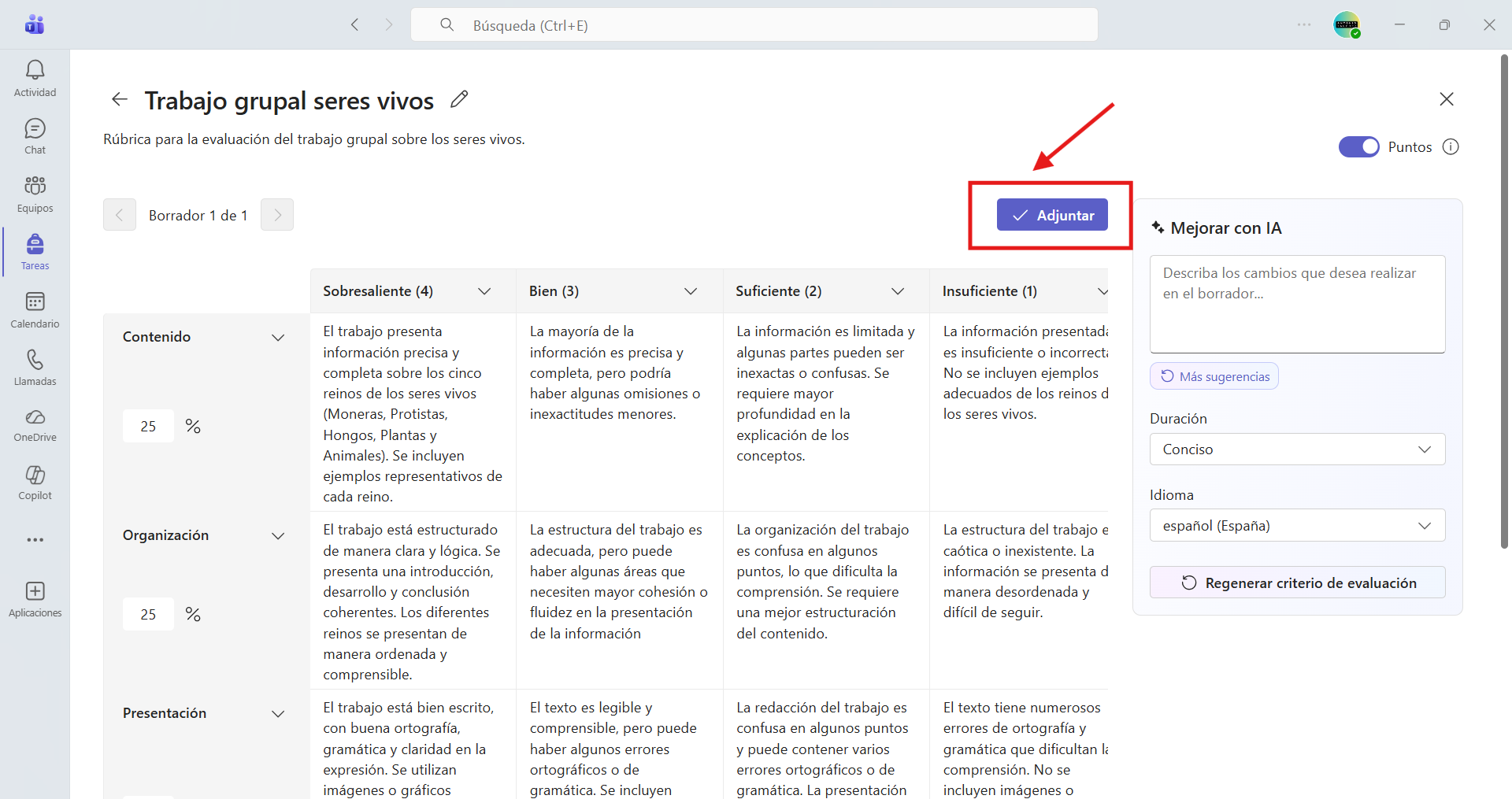 Captura de pantalla que muestra los diferentes aspectos a editar en un criterio de evaluación.