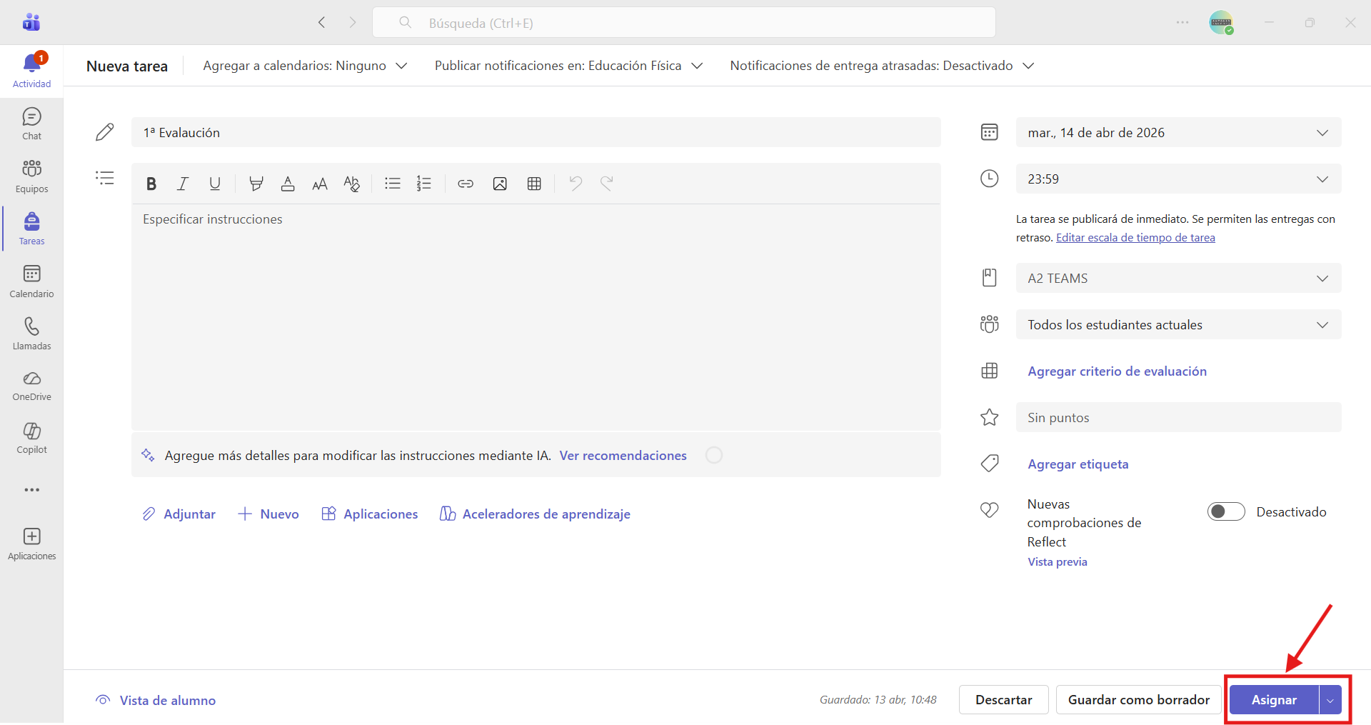Captura de pantalla para indicar qué botón permite asignar la tarea.