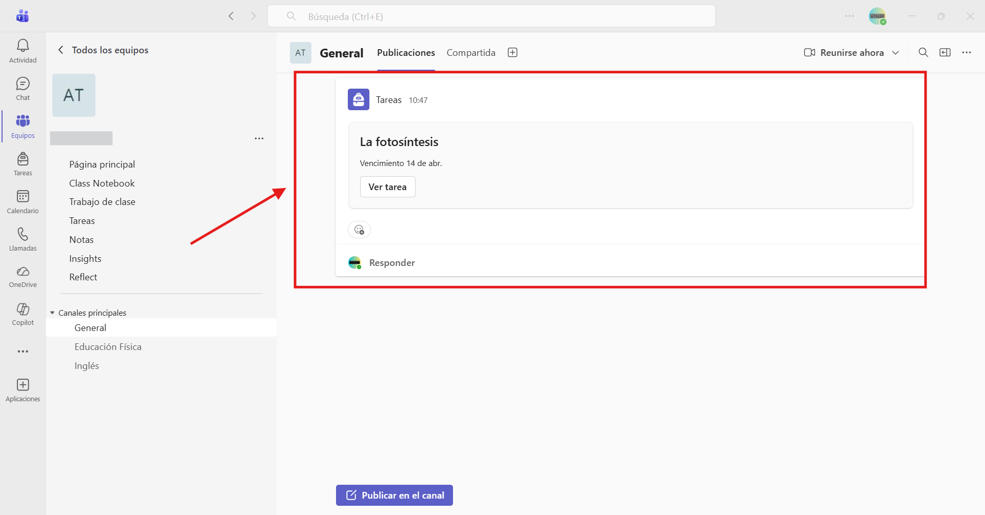 Captura de pantalla que explica que la tarea aparece en el canal elegido una vez que se ha asignado.
