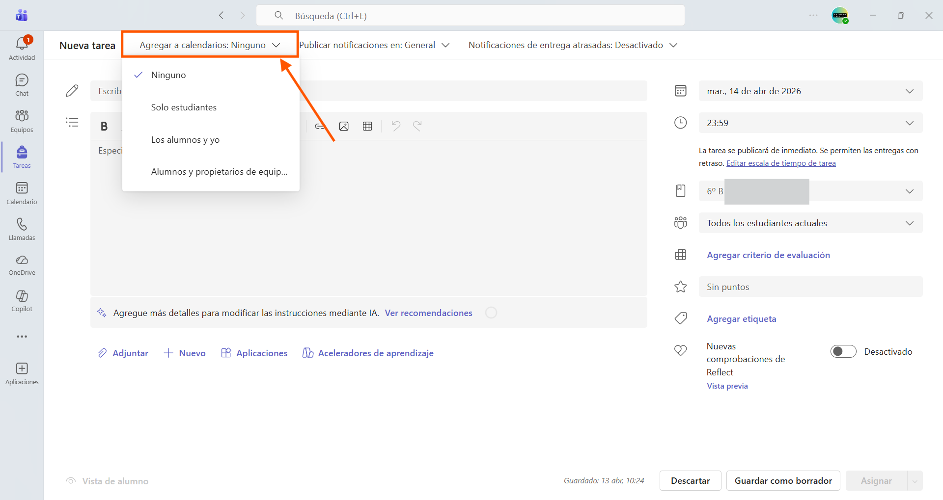 Captura de pantalla para explicar cómo agregar una tarea a un calendario.