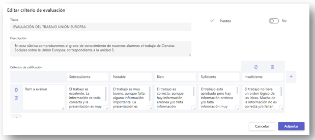 Ejemplo de aplicación en el aula. Rúbrica existente