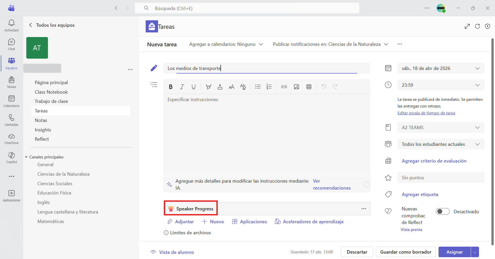 Captura de pantalla que muestra los parámetros a configurar de una tarea de Teams
