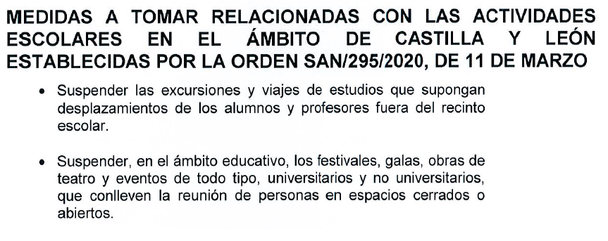 Medida a tomar relacionadas con las actividades escolares en el ámbito de Castilla y León establecidas por la Orden SAN/205/2020 , de 11 de marzo