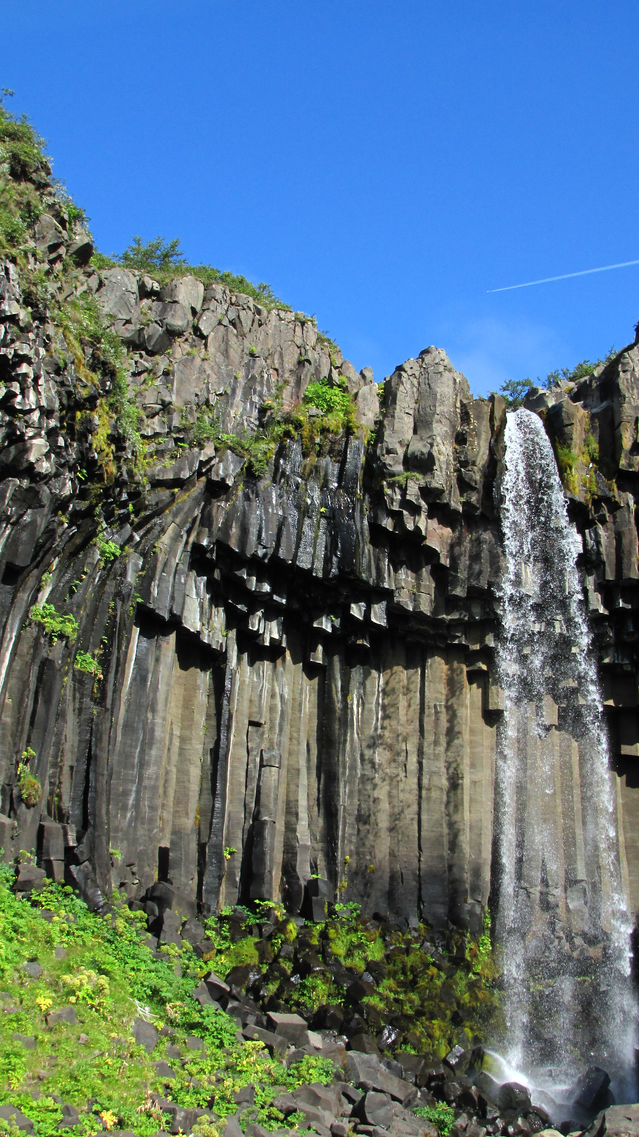 Disyunción columnar de rocas volcánicas y cascada Svartifoss (Islandia)