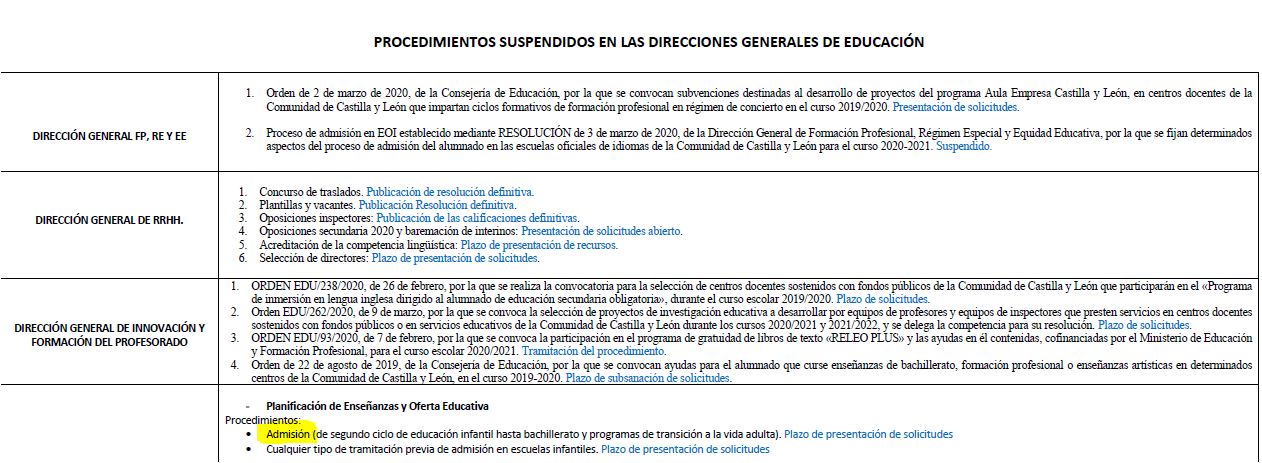 supendido proceso admisión