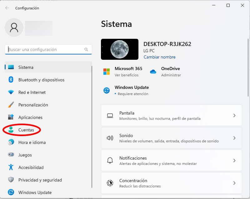 Configuración cuentas