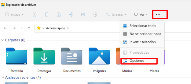 Opciones explorador archivos