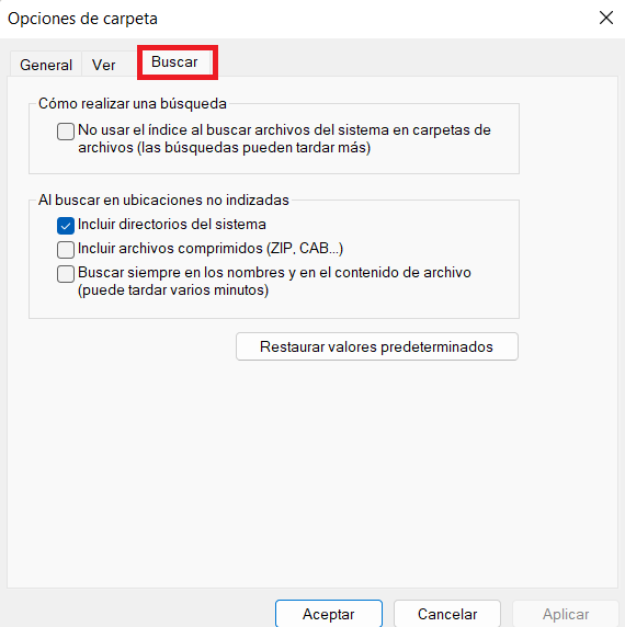 Opciones de carpeta: buscar