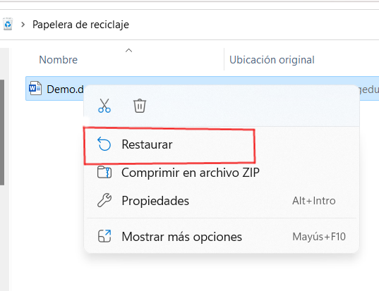 Restaurar desde la papelera de reciclaje