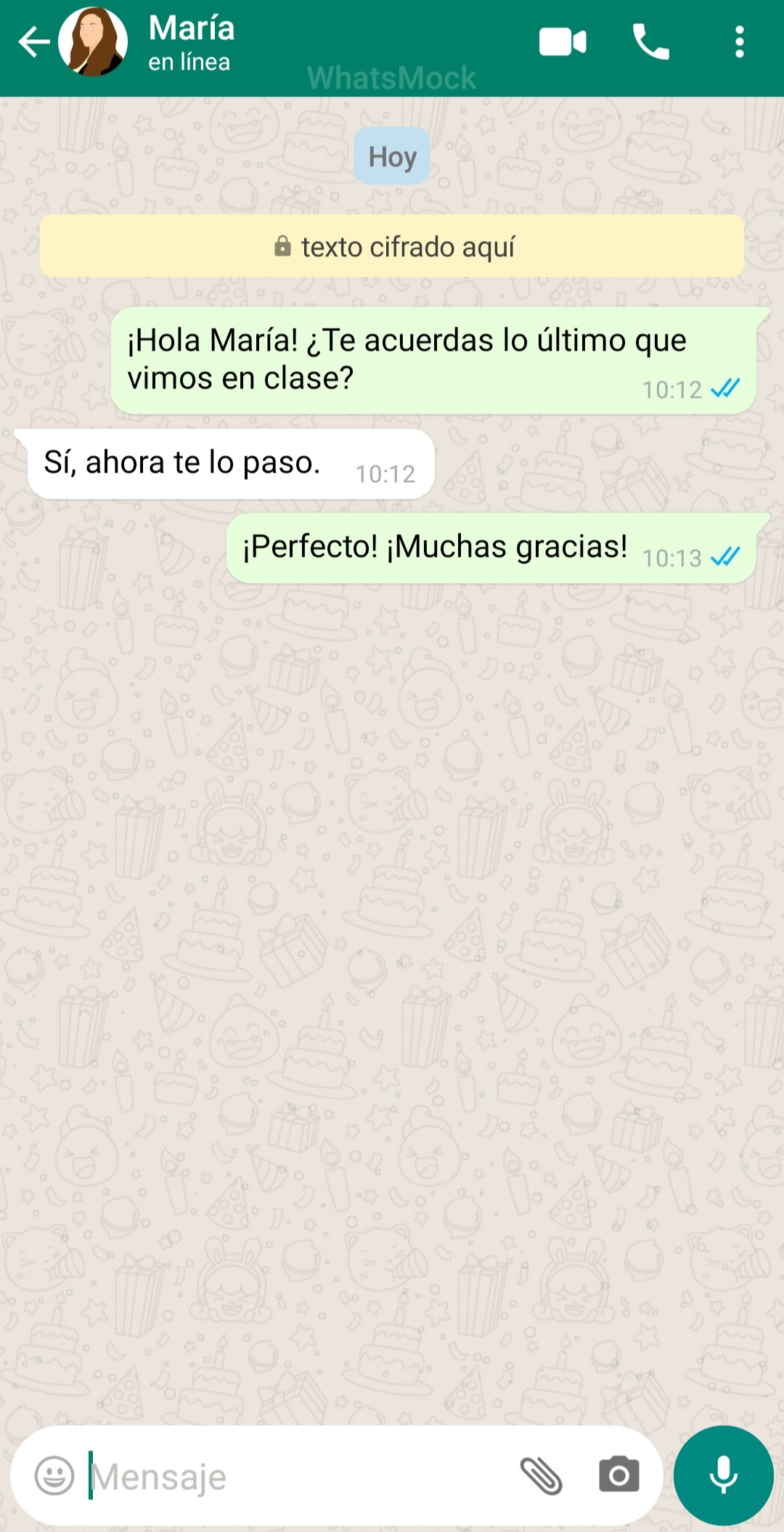 Interfaz de chat personal de Whatsapp En la imagen se puede observar la apariencia de un chat personal de Whatsapp.