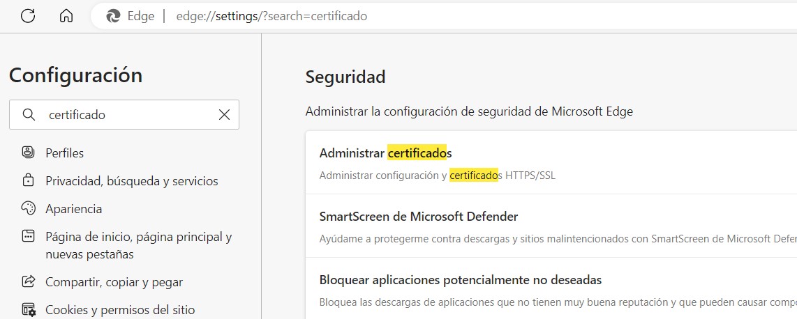 ver certificado en Edge