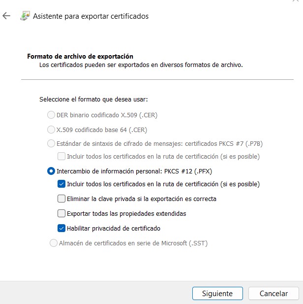 Exportar certificado