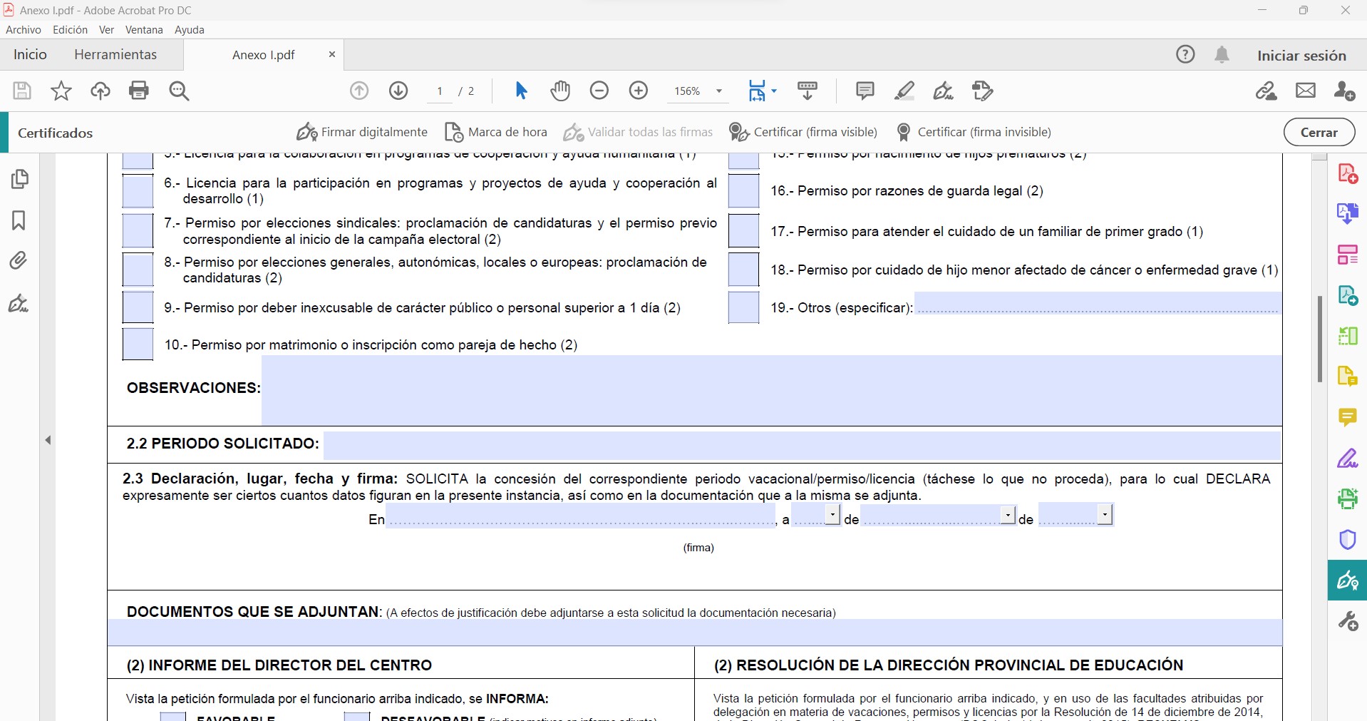 opciones de certificado
