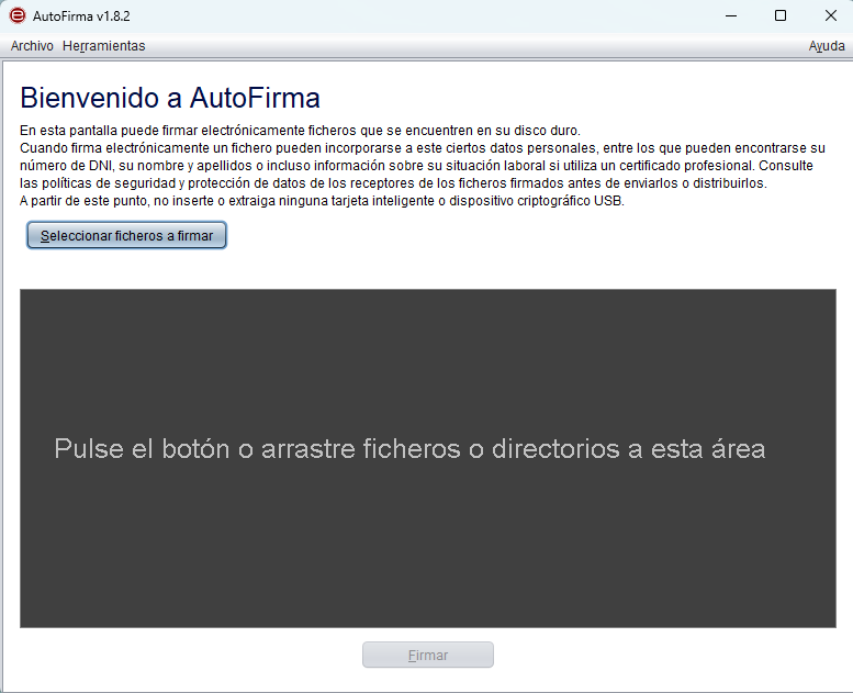 Pantalla de bienvenida a Autofirma