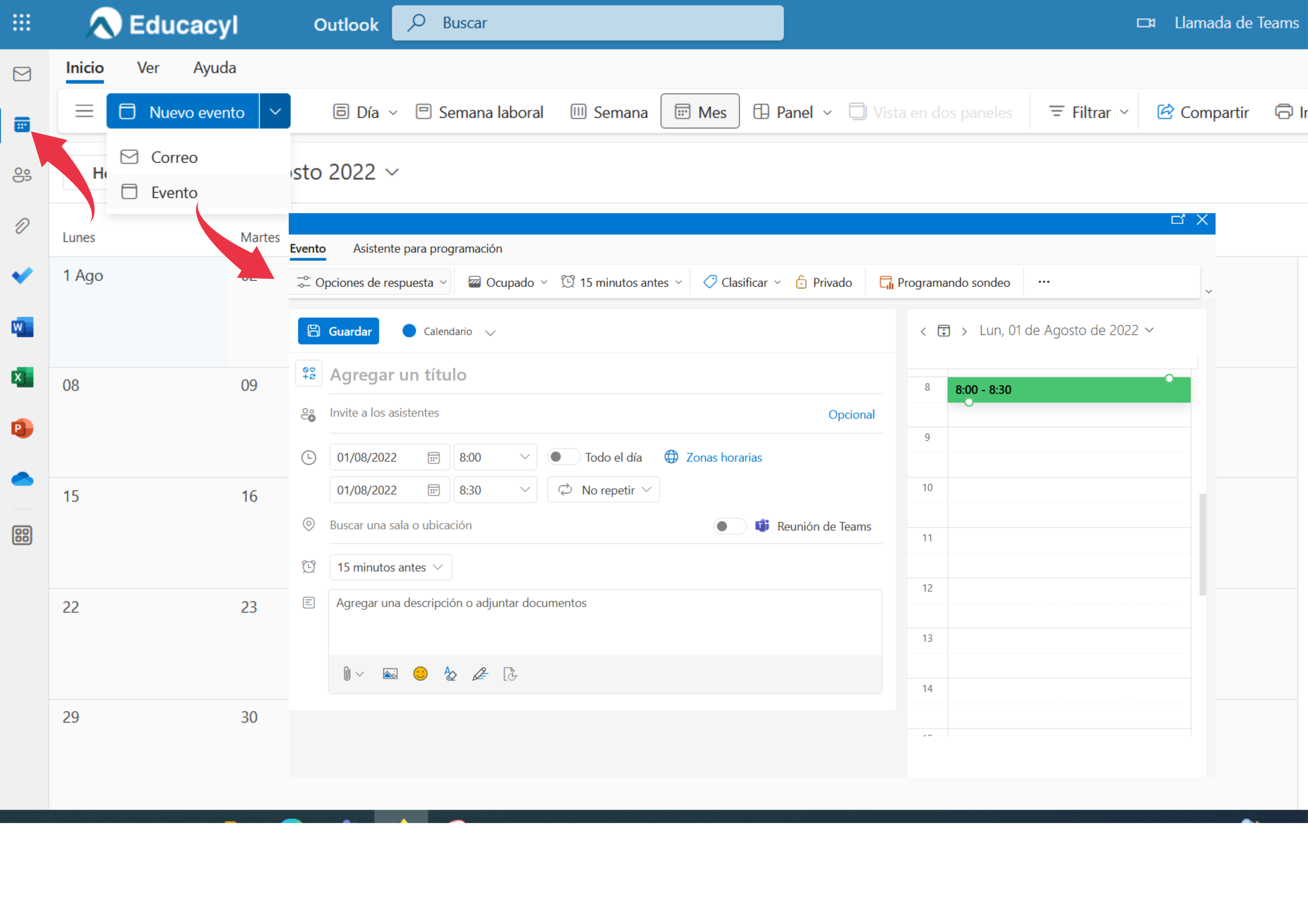 captura de pantalla crear evento en el calendario