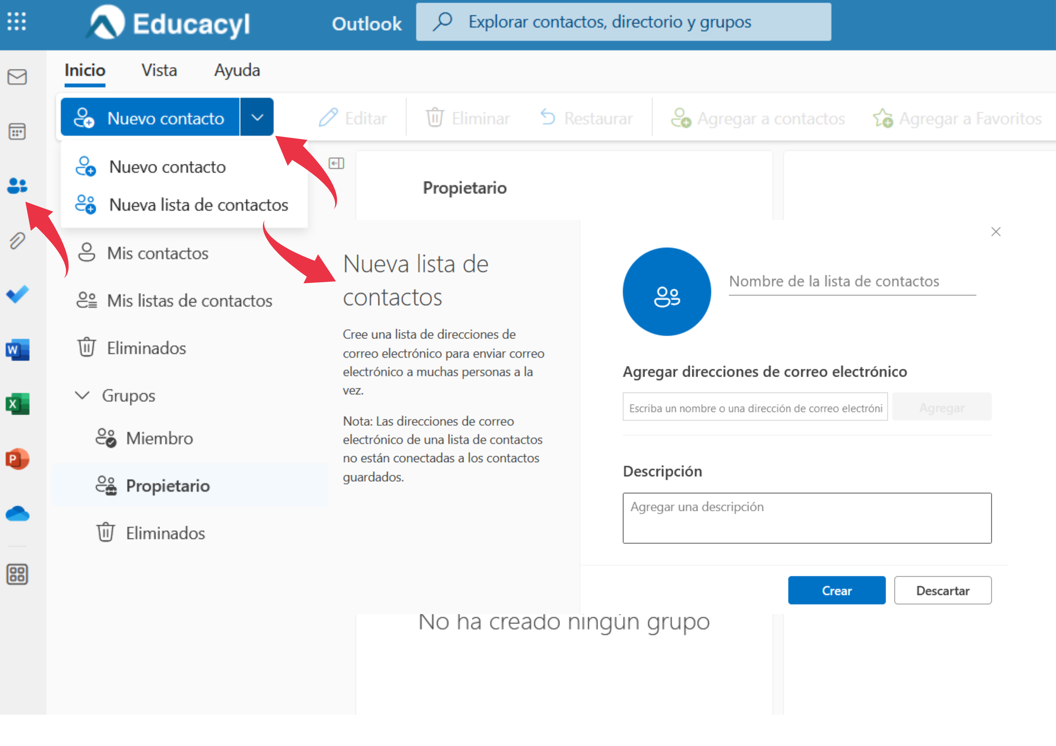 Captura de pantalla crear lista de contactos