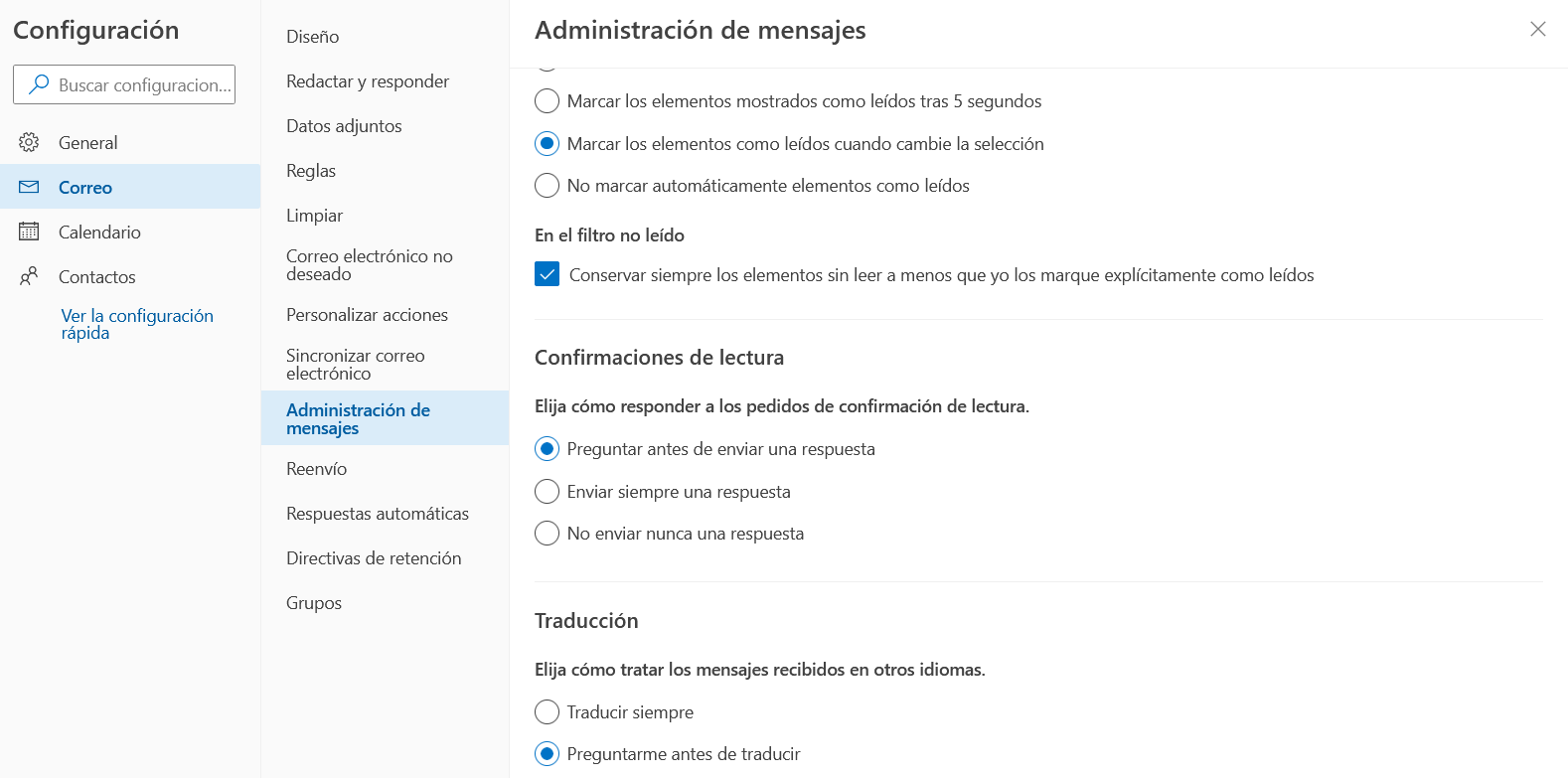 Captura de pantalla administración de mensajes