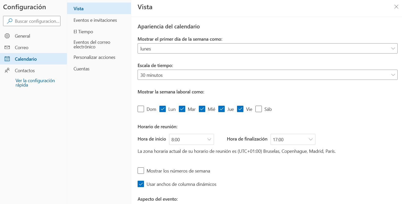 Captura configuración vista calendario