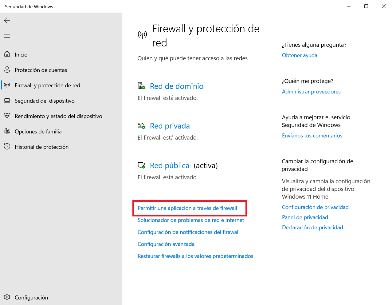 Permitir a través de Firewall